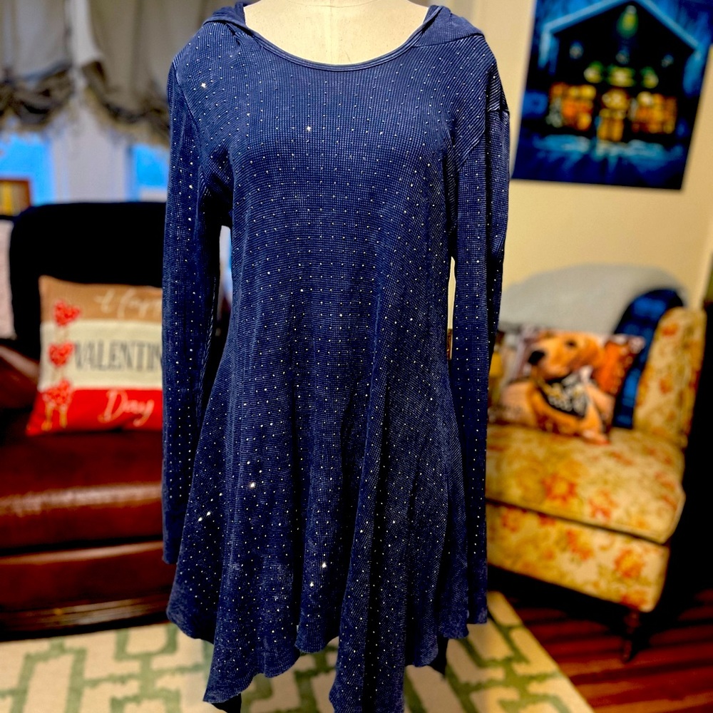 2 for $20 Vocal Blue Acid-Wash Crystal HoodTunic Boho Chic Asymmetrical Top OS